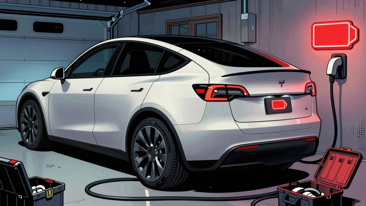 Ilustración de un coche eléctrico enchufado en un garaje de noche, con la batería vacía y herramientas y cables por el suelo