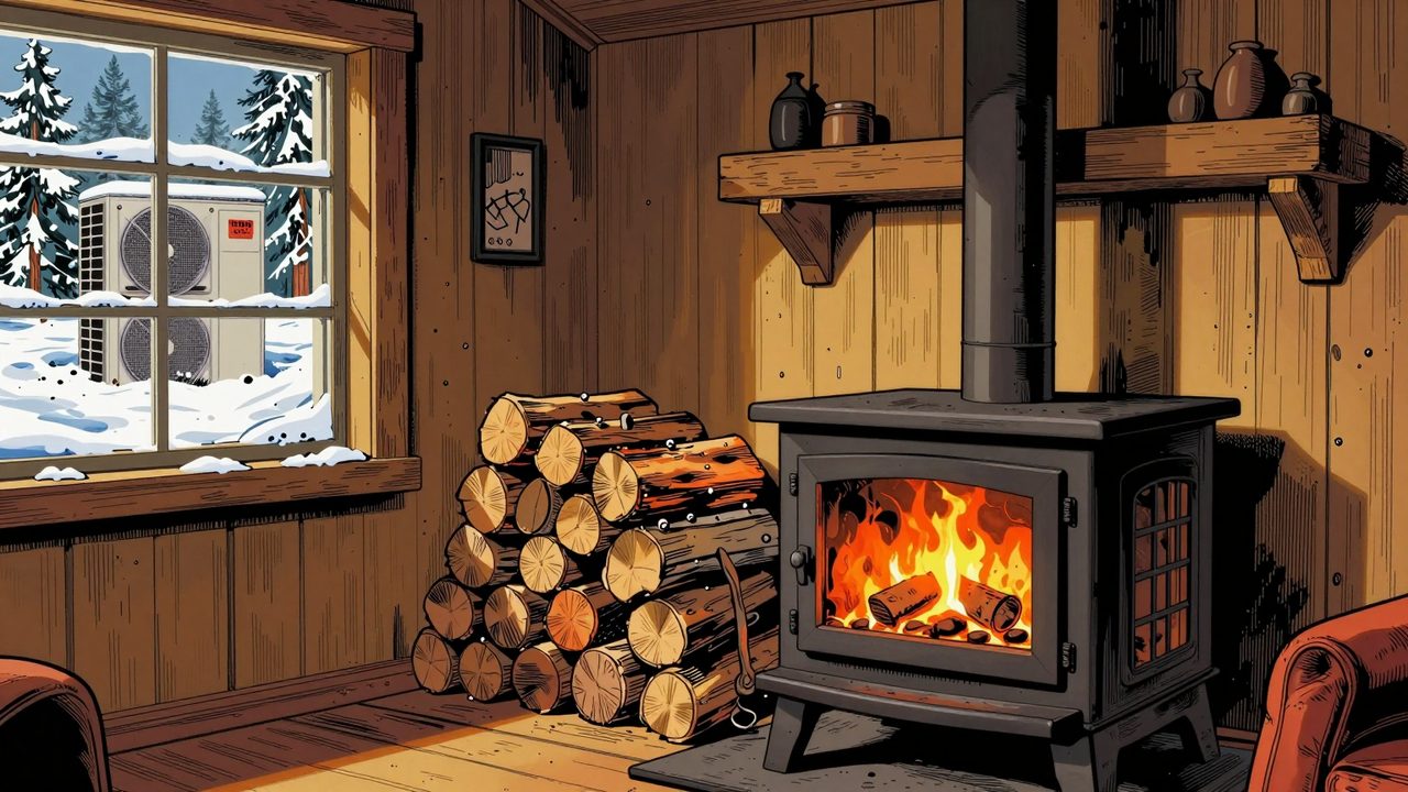 Ilustración de una estufa de leña encendida con un montón de troncos junto a una ventana nevada donde se ve una bomba de calor cubierta de escarcha