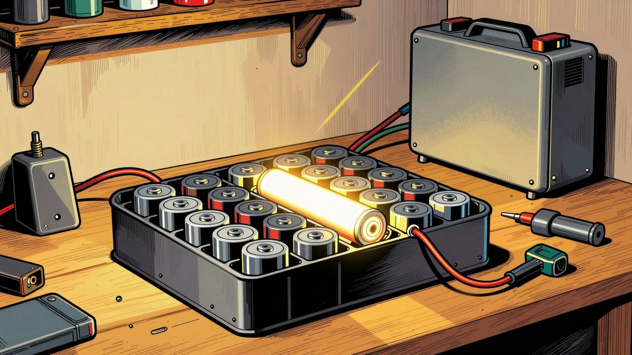 Ilustración de una batería de coche eléctrico abierta en un banco de trabajo, con una celda nueva iluminada y conectada a una batería doméstica de pared