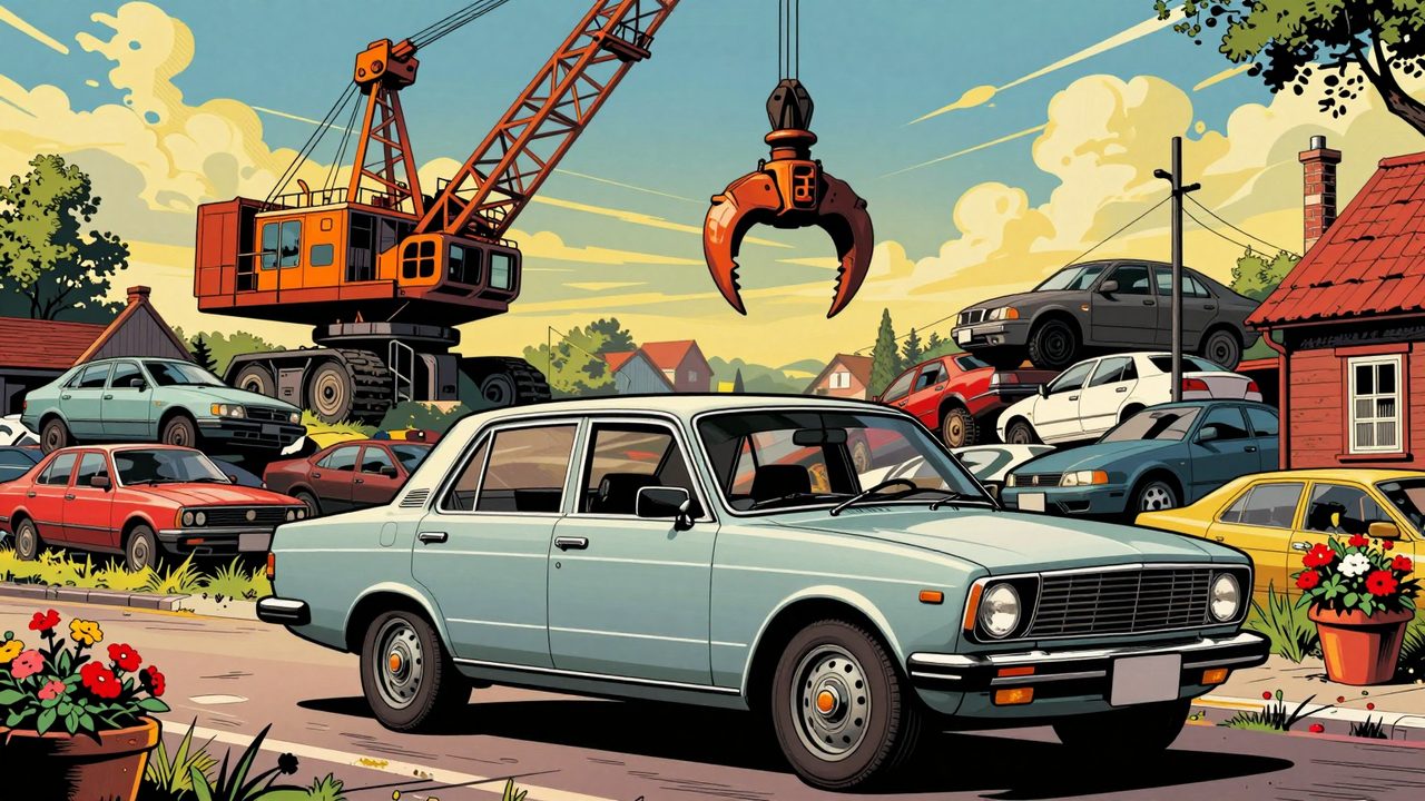 Ilustración de un coche antiguo impecable aparcado en una calle de pueblo mientras la garra gigante de una grúa de desguace lo amenaza desde arriba