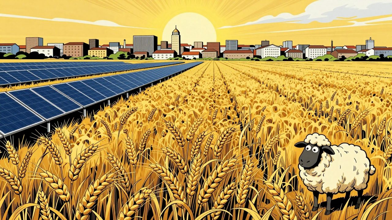 Ilustración de un campo de trigo partido en dos, con una mitad cubierta de placas solares y una oveja desconcertada en la frontera, frente a una ciudad llena de tejados vacíos