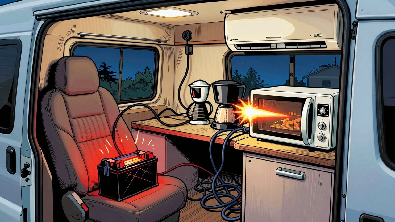 Ilustración del interior de una autocaravana donde una batería pequeña y sobrecalentada intenta alimentar a la vez microondas, cafetera y aire acondicionado