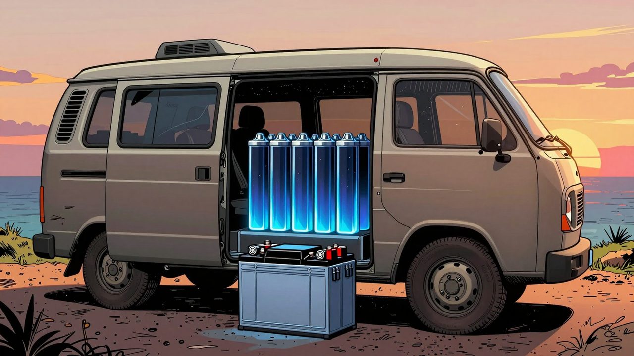 Ilustración de una furgoneta camper al atardecer con una vieja batería de plomo tirada en el suelo y celdas de litio azules relucientes en su interior
