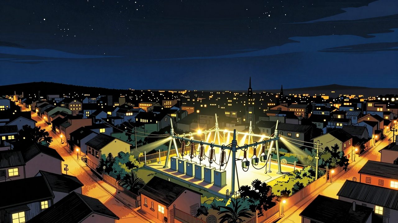 Ilustración de una ciudad a oscuras de noche en la que la luz vuelve calle a calle desde una subestación iluminada