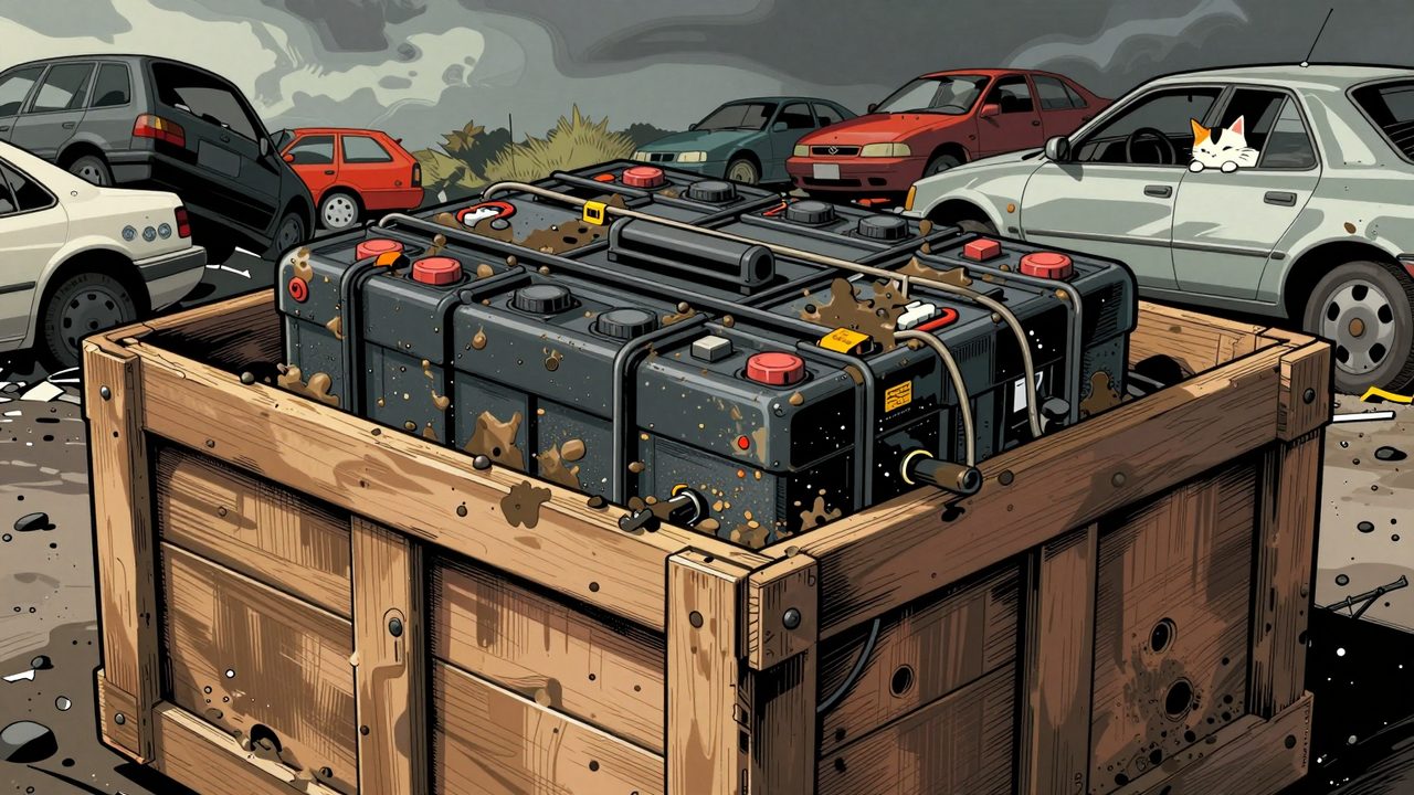 Ilustración de una gran batería de coche eléctrico embarrada dentro de un cajón de transporte en un desguace, con un gato curioso asomándose