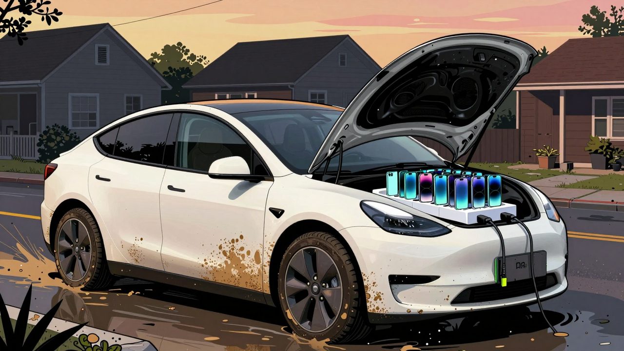Ilustración de un coche eléctrico embarrado tras la riada con una regleta en el maletero cargando muchos móviles