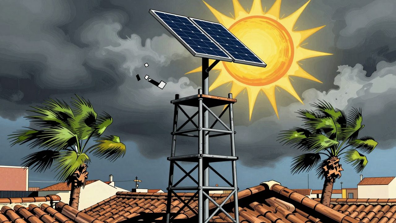 Ilustración de un panel solar sobre una estructura metálica inestable y exagerada en un tejado, sacudida por el viento