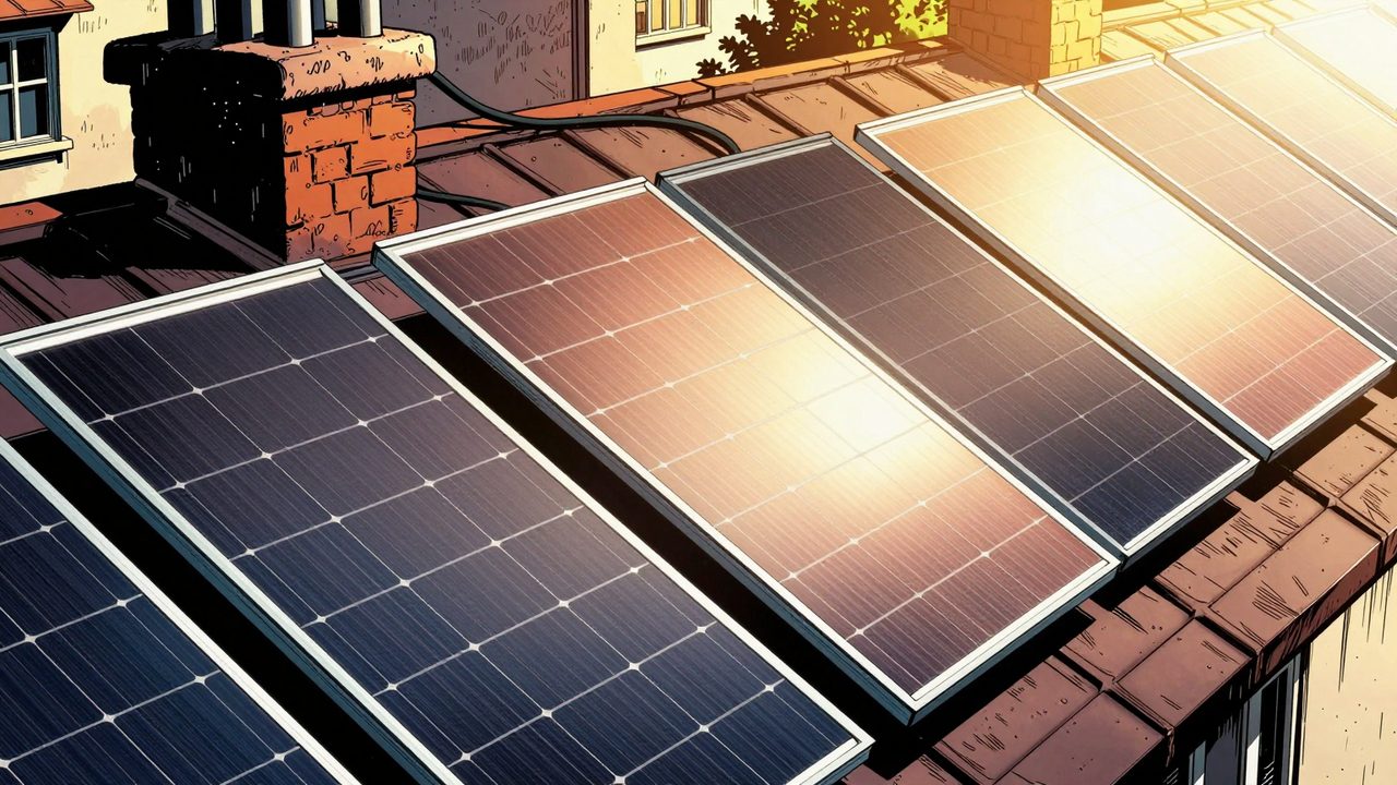 Ilustración de una fila de placas solares en un tejado donde la sombra de una chimenea sobre una sola placa apaga el brillo de todas las demás