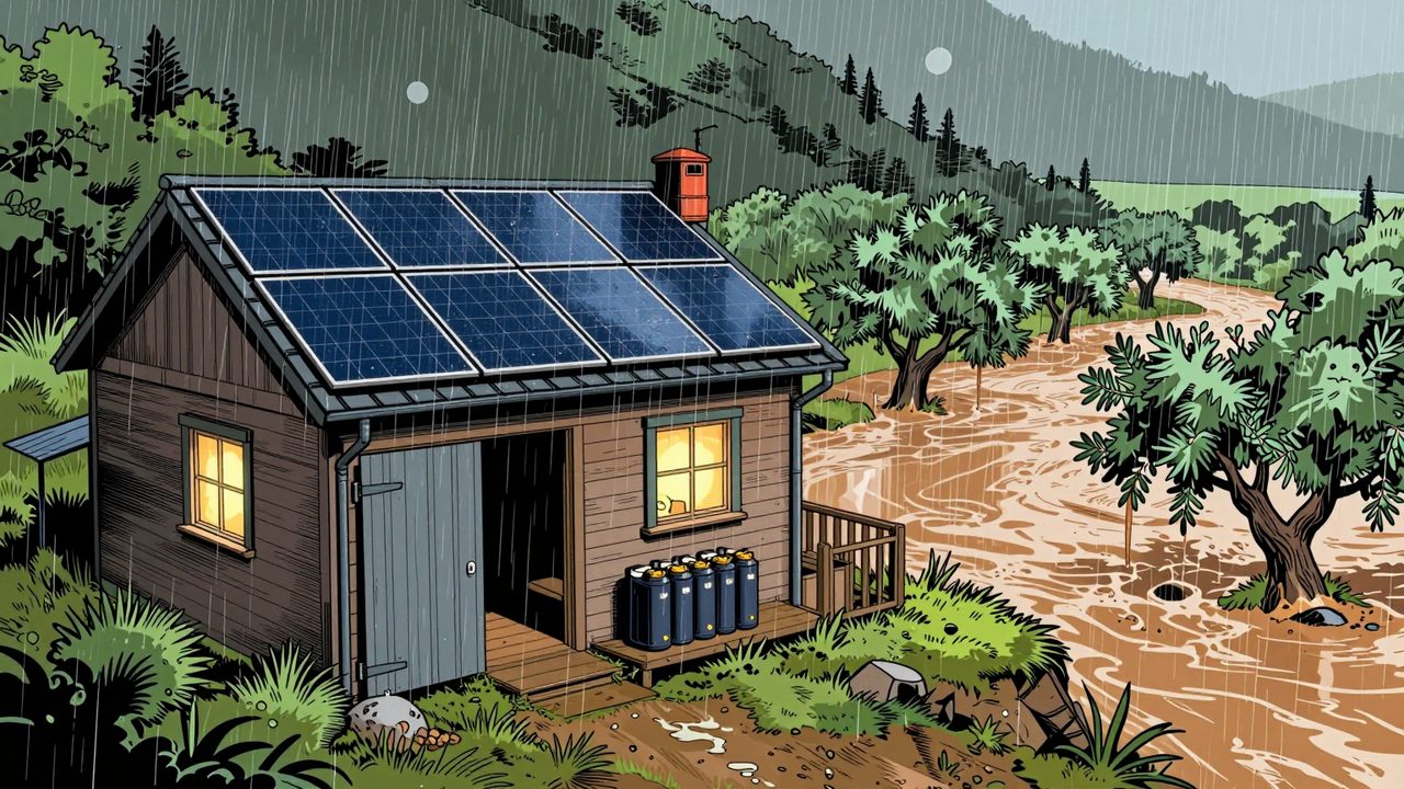 Ilustración de una casa aislada con paneles solares bajo una fuerte lluvia, con un río desbordado que inunda los olivos y un banco de baterías en el cobertizo