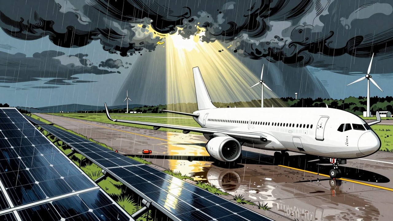 Ilustración de paneles solares mojados junto a una pista de aeropuerto que deslumbran a un avión al aterrizar, con aerogeneradores en las colinas del fondo