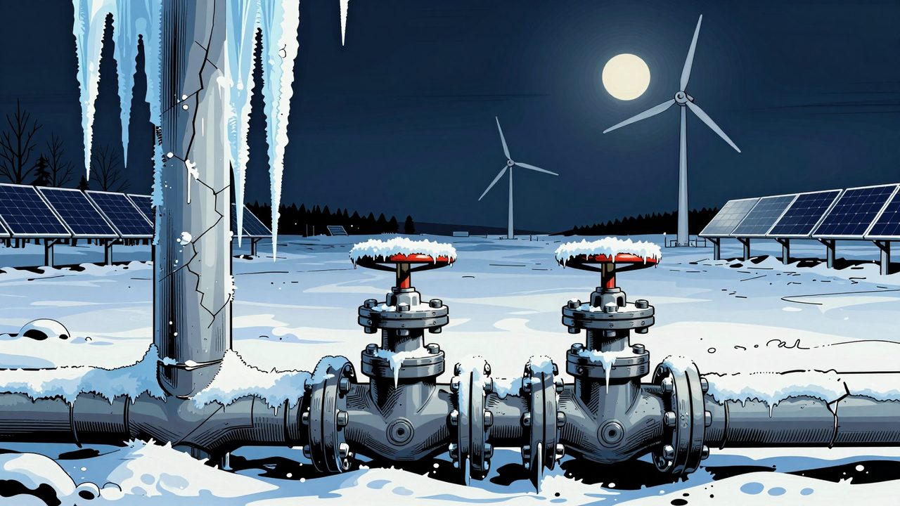 Ilustración de un paisaje helado de noche con tuberías de gas congeladas y cubiertas de carámbanos, y aerogeneradores y placas solares al fondo