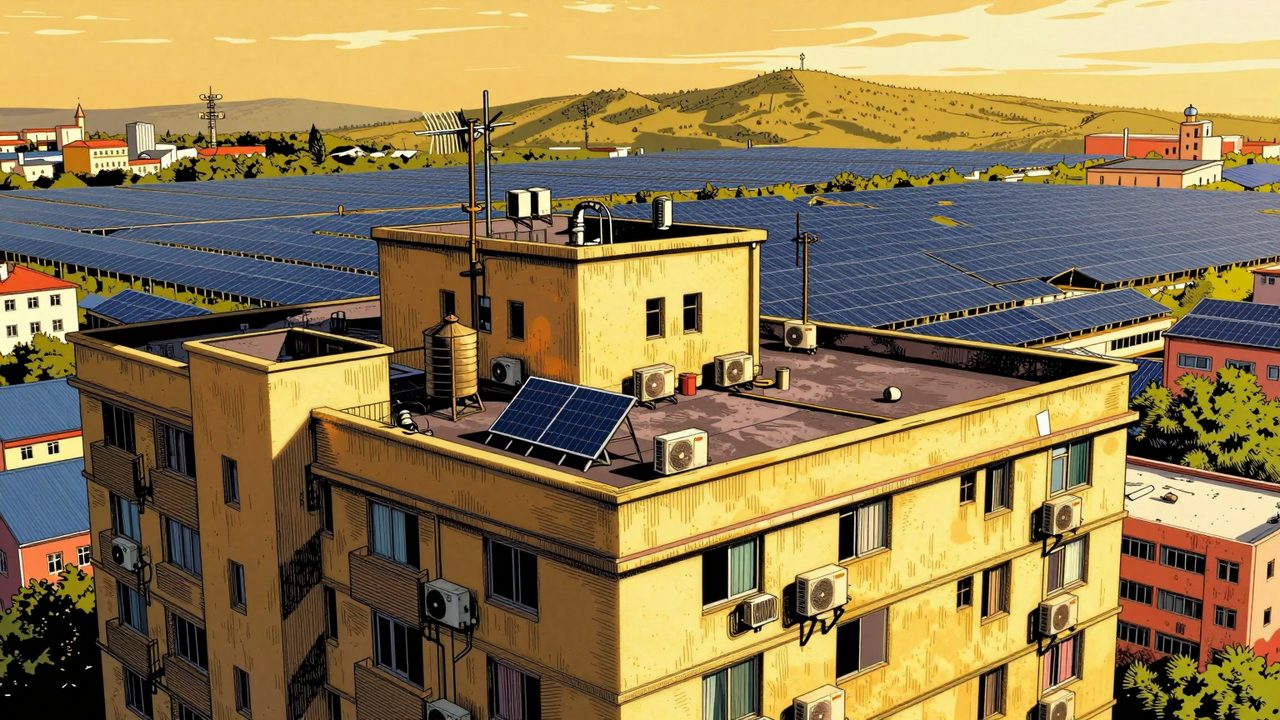 Ilustración de la azotea abarrotada de un bloque de pisos con una sola placa solar diminuta y un gran huerto solar al fondo