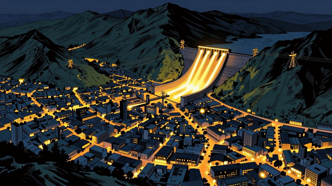 Ilustración de una presa hidroeléctrica iluminada que devuelve la luz a los pueblos de alrededor mientras el centro de la ciudad sigue a oscuras