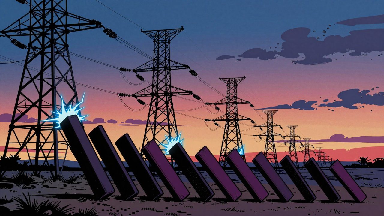 Ilustración de una hilera de torres de alta tensión apagándose una tras otra como fichas de dominó al atardecer