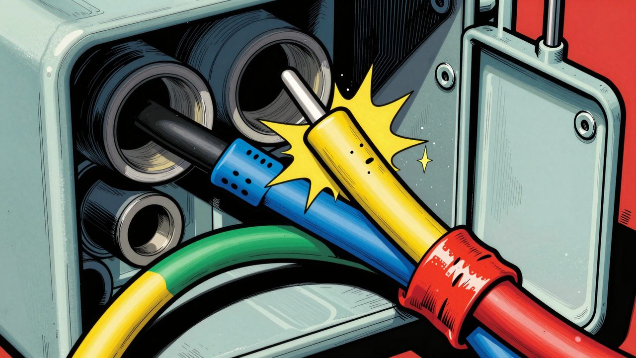 Ilustración de una caja de conexiones caótica con cables de colores cambiados, cinta roja y chispas