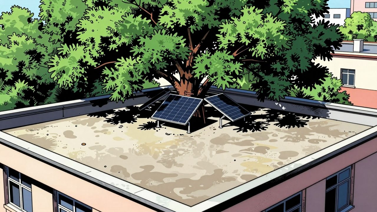 Ilustración de un gran tejado soleado con todas las placas solares amontonadas justo bajo la sombra de un árbol enorme