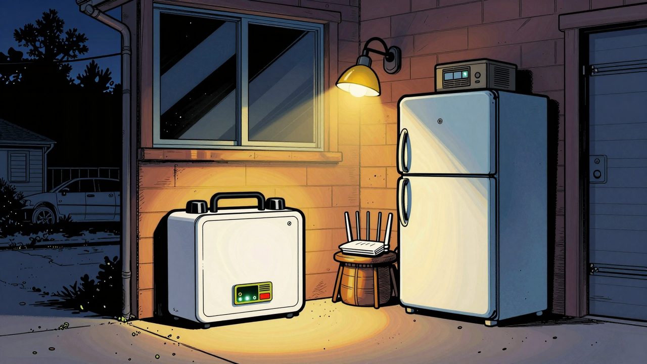 Ilustración de un garaje doméstico iluminado gracias a una batería de pared mientras toda la calle está a oscuras durante un apagón