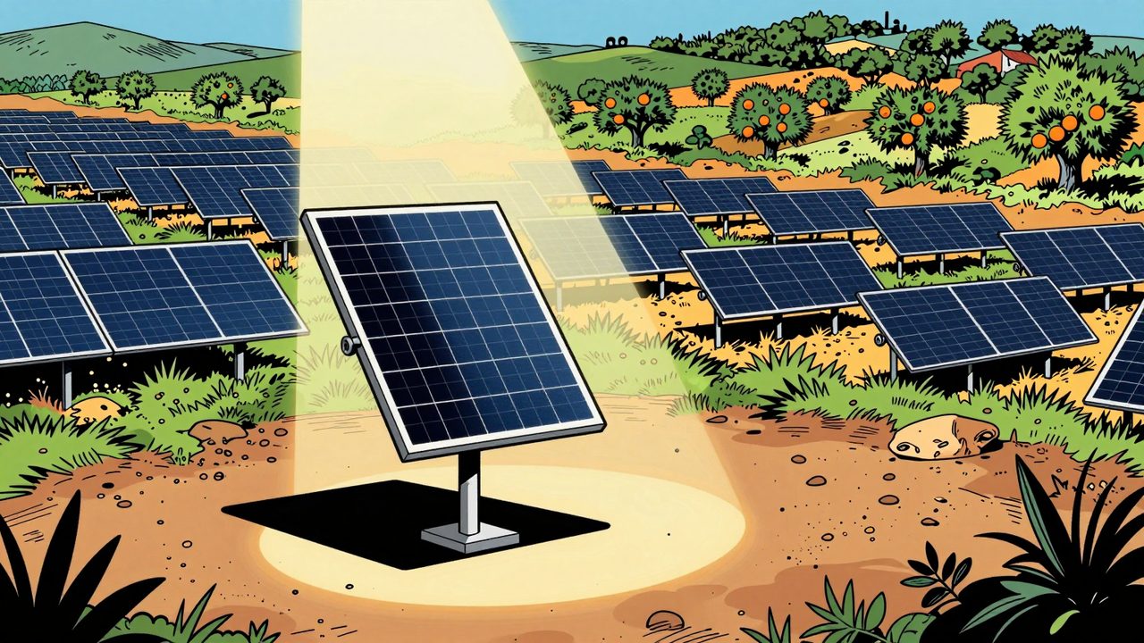 Ilustración de un panel solar bajo un foco de interrogatorio, como si fuera el sospechoso, con tejados vacíos y olivares y naranjos intactos al fondo