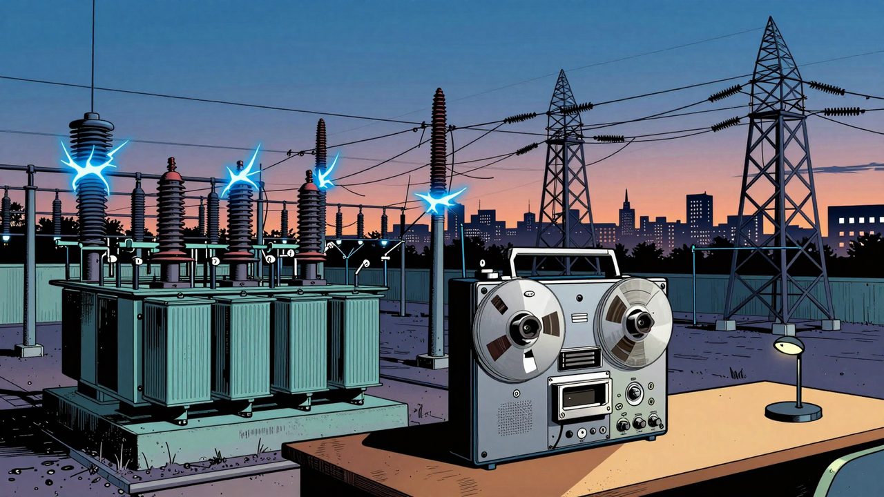 Ilustración de una subestación de alta tensión con chispas eléctricas al atardecer, con una grabadora de cinta en primer plano y una ciudad que empieza a apagarse al fondo