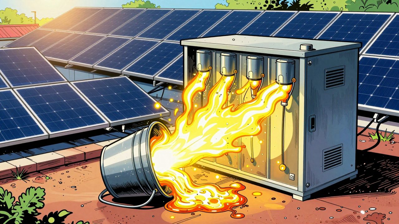 Ilustración de tejados llenos de placas solares bajo un sol intenso y una batería desbordando energía luminosa