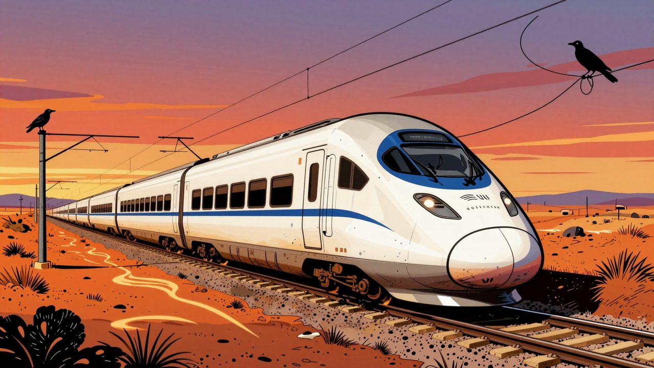 Ilustración de un tren de alta velocidad detenido en mitad de una llanura calurosa con los cables de la catenaria cortados y un cuervo observando