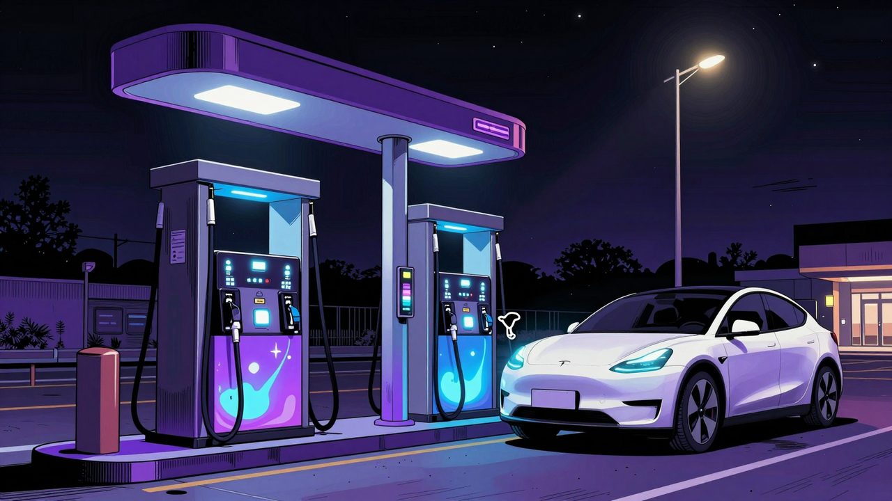 Ilustración de una gasolinera futurista que repone un líquido morado y azul brillante mientras un coche eléctrico carga en una farola cercana