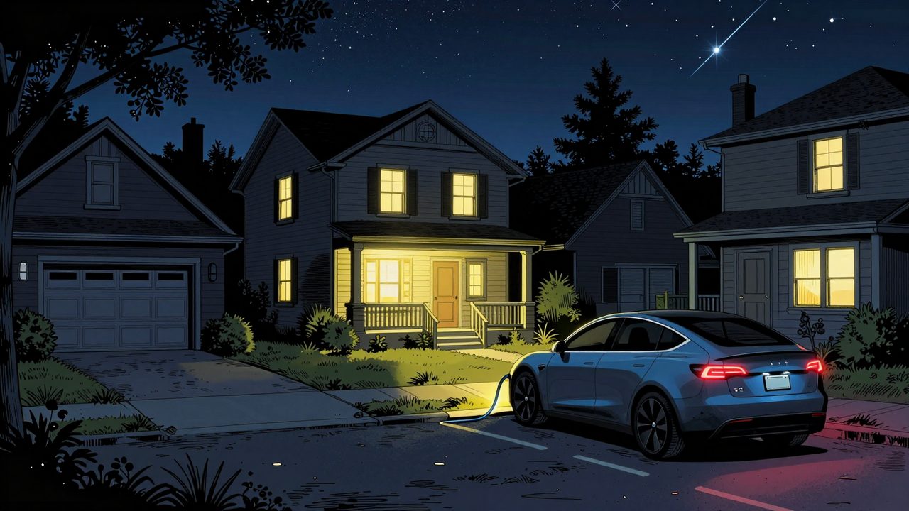 Ilustración de una calle a oscuras durante un apagón en la que solo una casa tiene luz gracias al coche eléctrico aparcado en la entrada