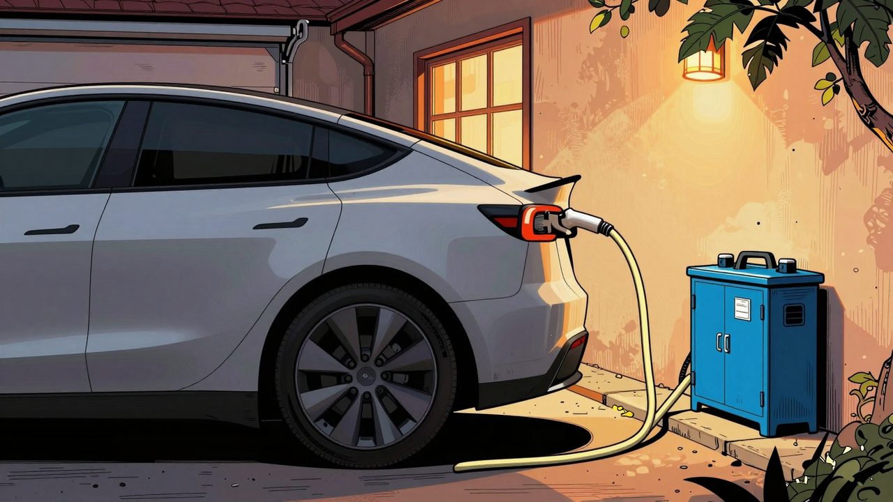 Ilustración de un coche eléctrico en un garaje conectado con un cable a una pequeña batería doméstica azul en la pared