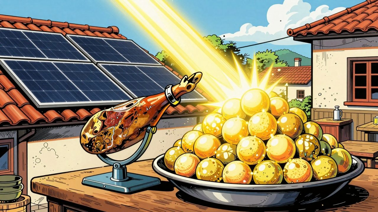 Ilustración de unas placas solares que envían energía a una balanza de mercado, donde un pequeño jamón pesa más que un gran montón de esferas de luz solar