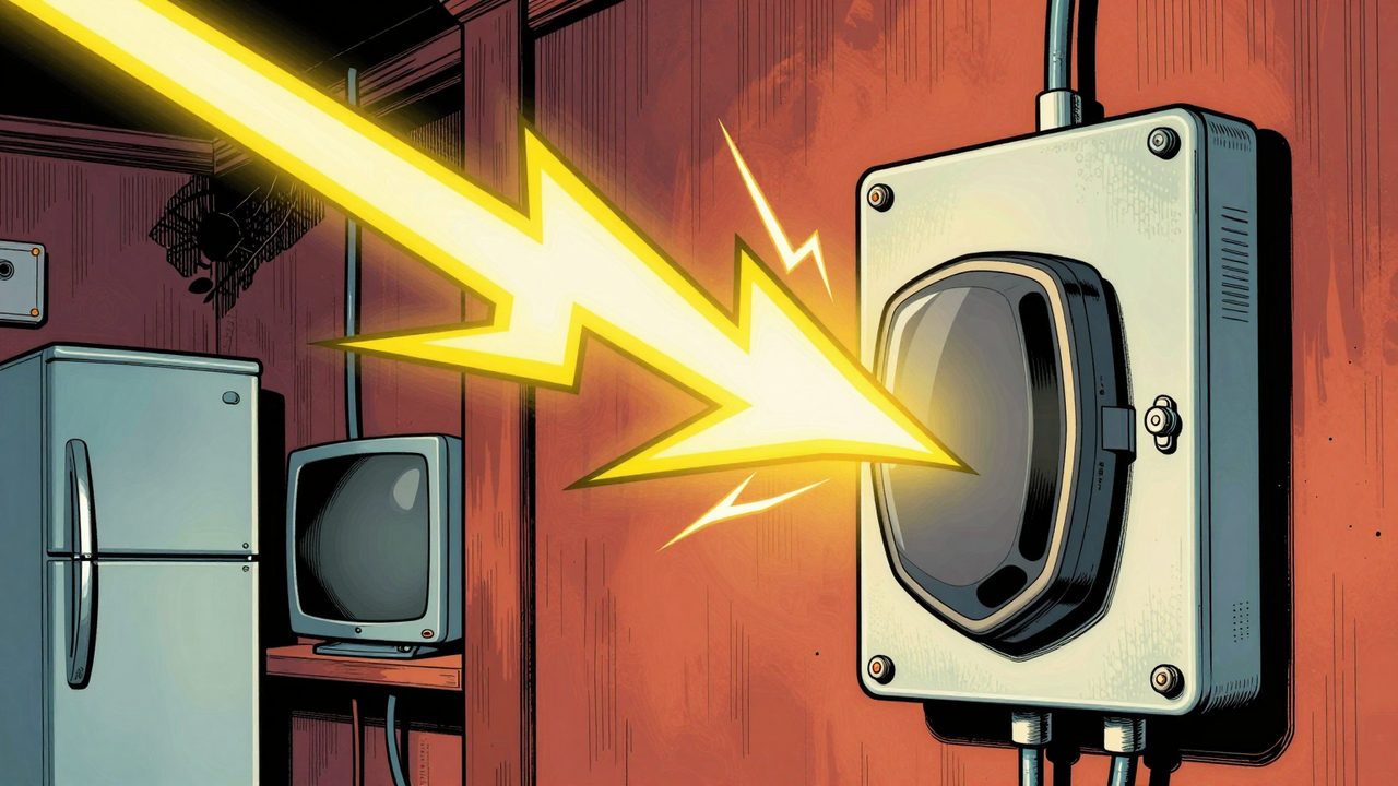 Ilustración de un protector de sobretensiones en el cuadro eléctrico de una casa que frena un gran rayo eléctrico procedente de la calle y protege los electrodomésticos