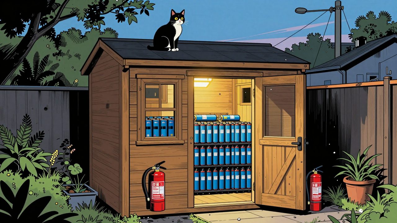Ilustración de una caseta de jardín junto a una casa moderna con módulos de batería azules dentro y un gato vigilando desde el tejado