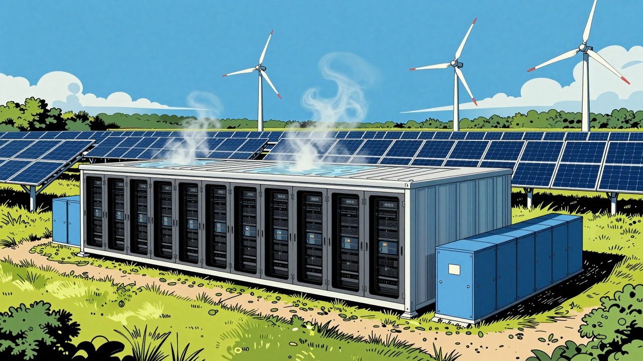 Ilustración de un centro de datos rodeado de placas solares, aerogeneradores y armarios de baterías azules, con vapor de refrigeración saliendo del tejado