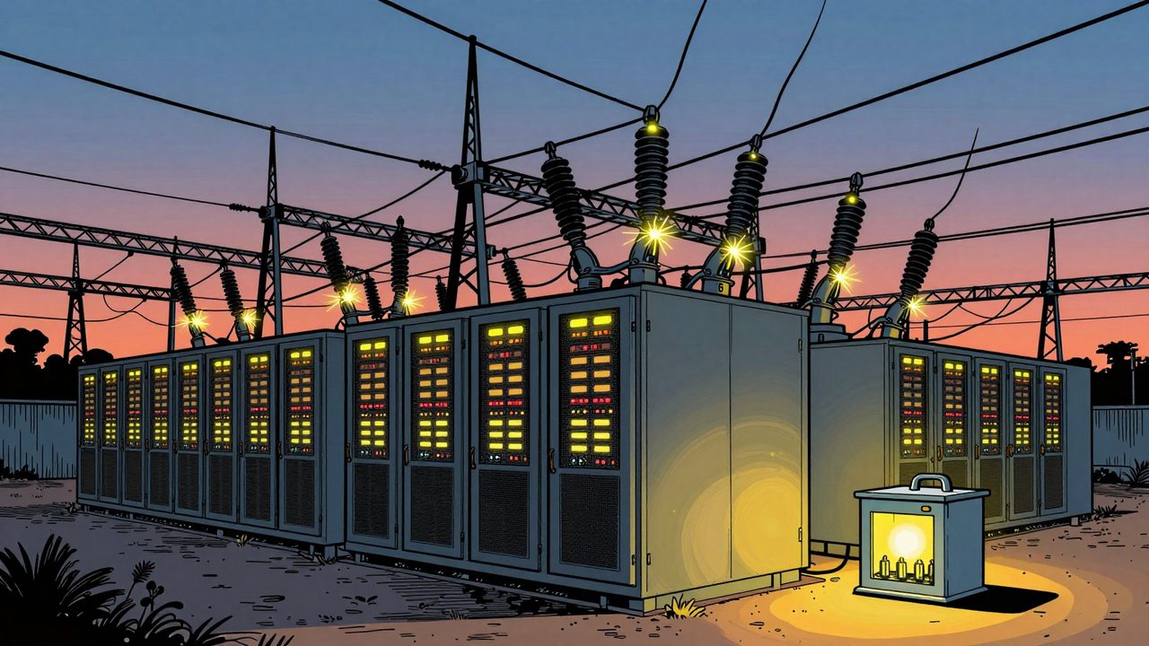 Ilustración de un enorme centro de datos apagándose de golpe mientras las líneas eléctricas y una subestación se quedan a oscuras, con un pequeño armario de baterías aún encendido