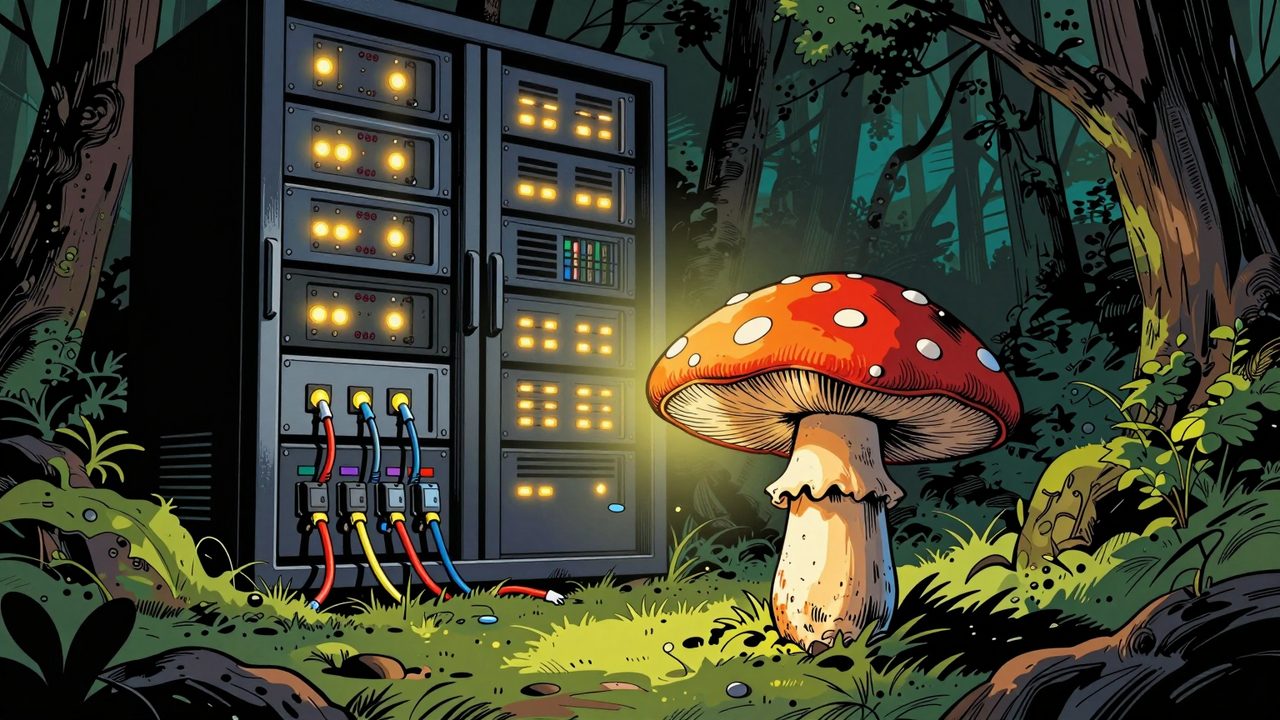 Ilustración de una pequeña seta en el bosque iluminada por un foco, analizada por una gigantesca torre de servidores con luces parpadeantes