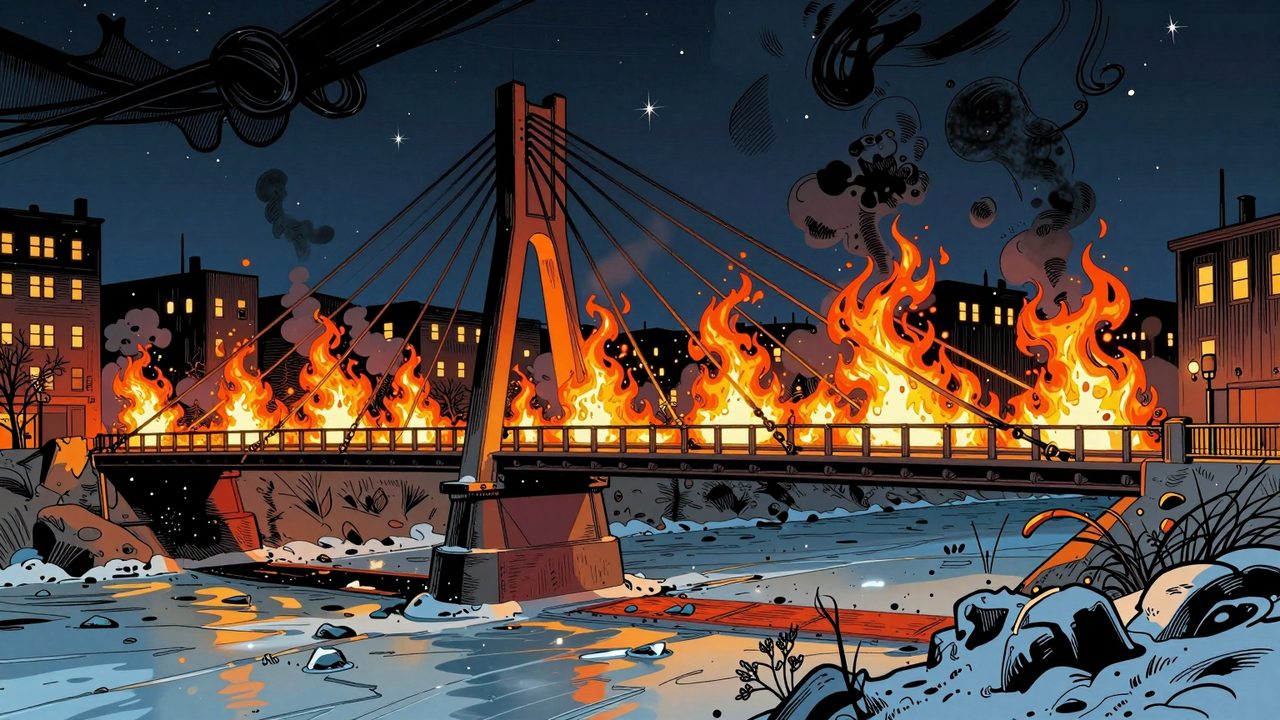 Ilustración de un puente de cables ardiendo de noche sobre un canal helado, con los barrios de alrededor completamente a oscuras
