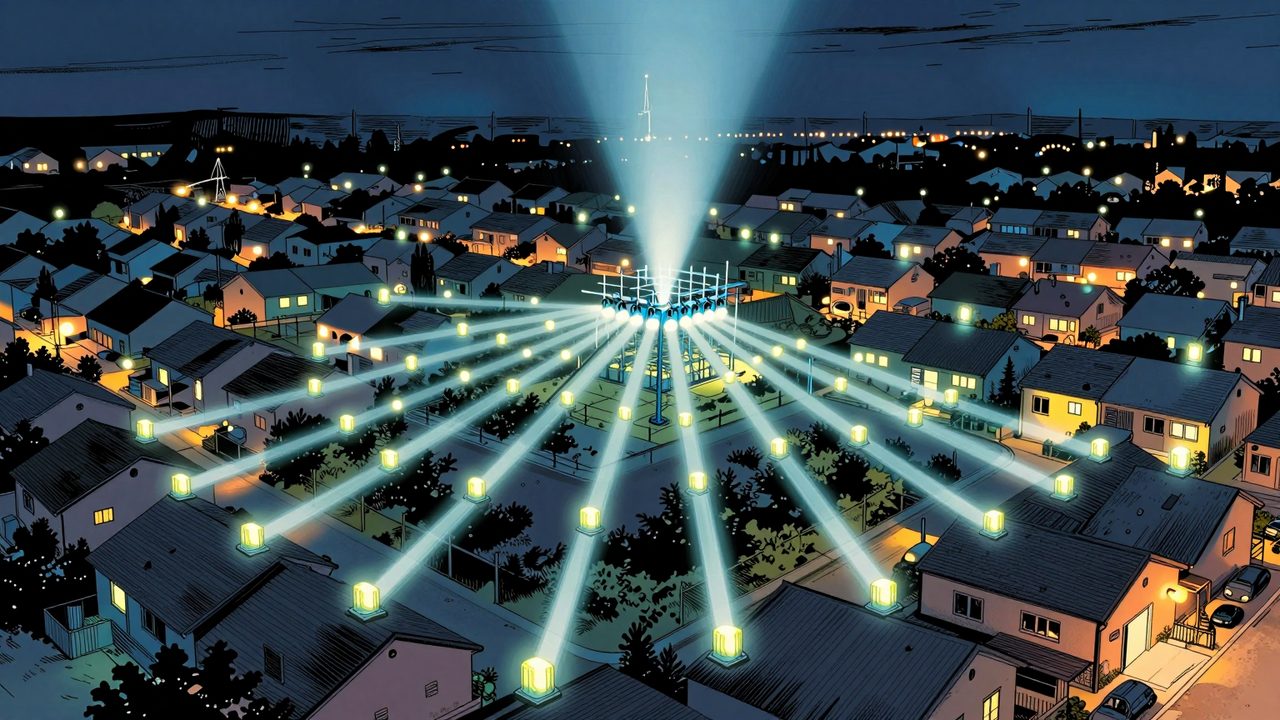 Ilustración de un barrio de noche con cientos de baterías domésticas iluminadas cuyos haces de luz convergen hacia una subestación