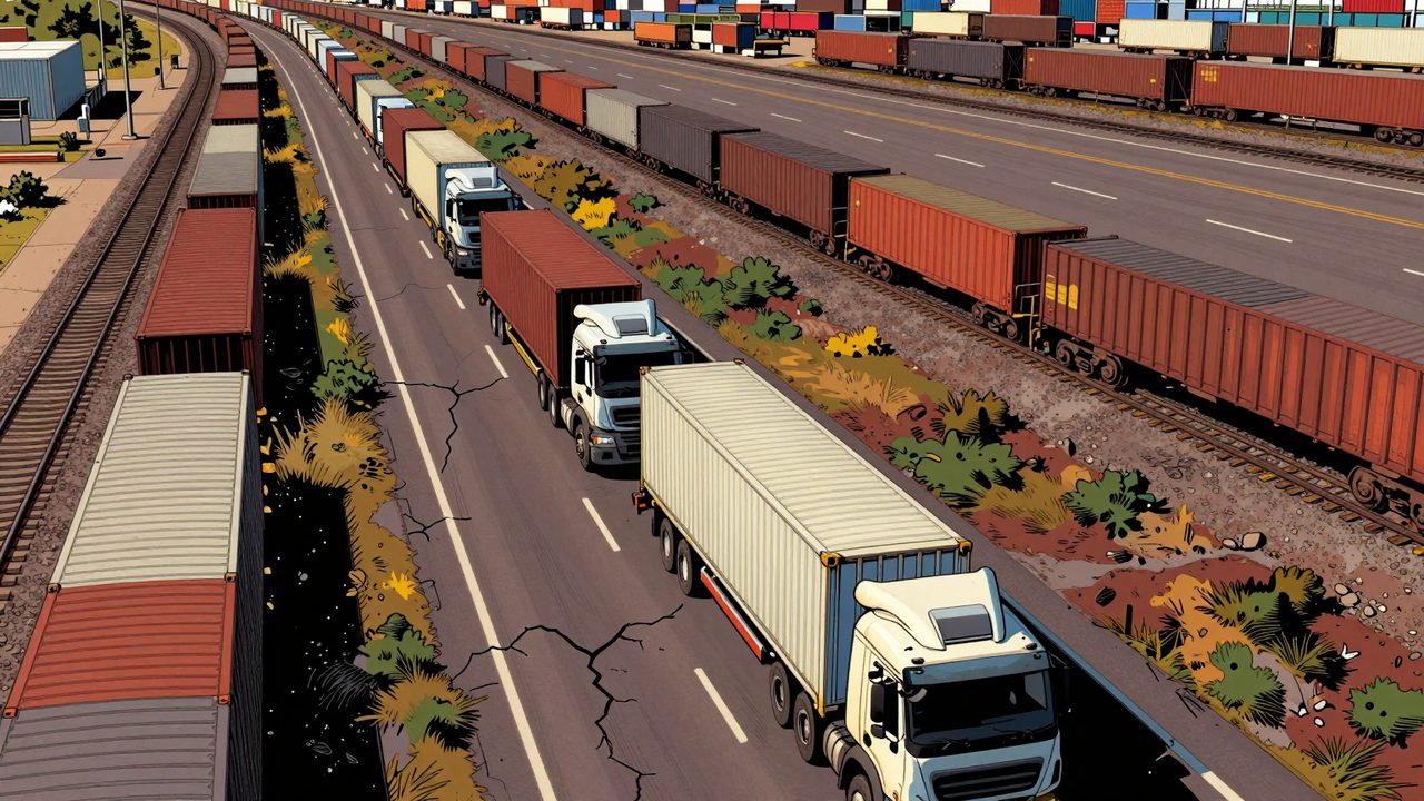 Ilustración de una interminable fila de camiones portacontenedores en una carretera agrietada hacia un puerto, junto a una vía de tren casi vacía