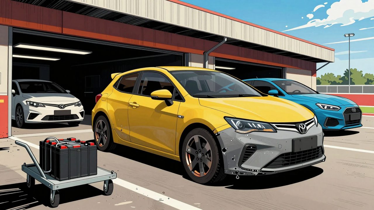 Ilustración de un pequeño coche eléctrico abollado de desguace adelantando a coches eléctricos nuevos en un circuito, con una batería de repuesto esperando en el box