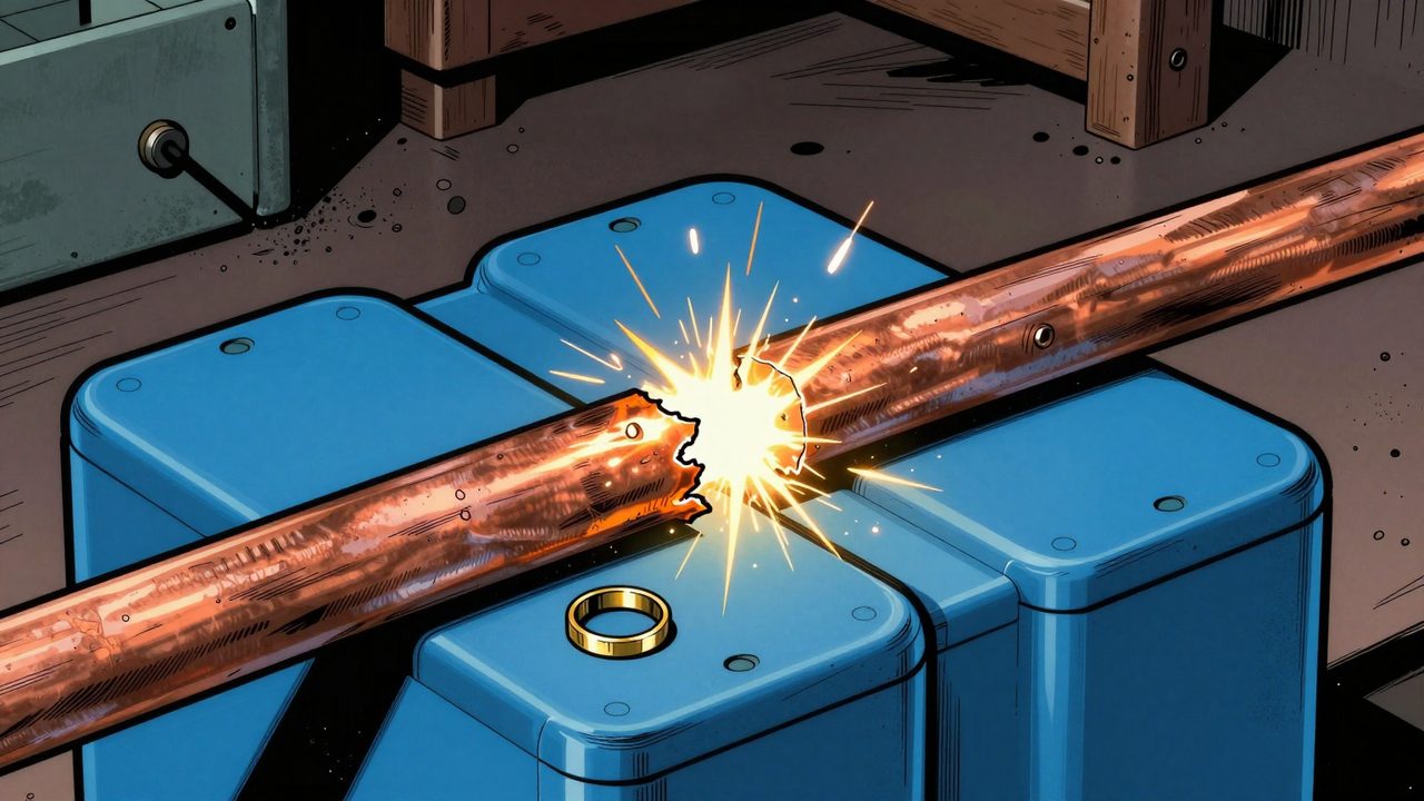 Ilustración de una pletina de cobre sobre dos grandes celdas de batería azules. Saltan chispas y la pletina tiene un mordisco fundido, con un anillo dorado abandonado al lado.