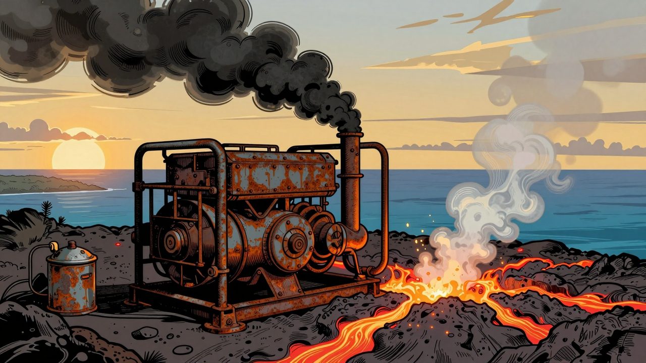 Ilustración de un viejo generador diésel que echa humo negro en el borde de un volcán. Debajo burbujean lava y vapor sin aprovechar, frente al océano Atlántico.