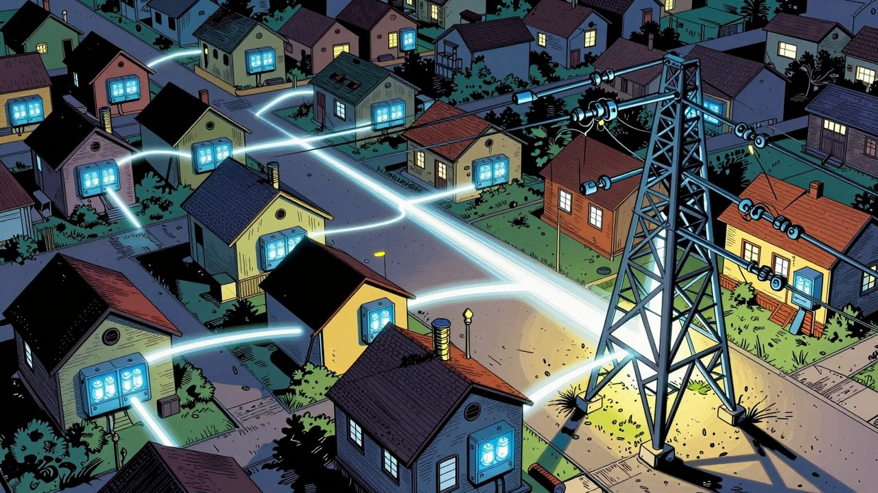 Ilustración de un pueblo de noche en el que las baterías de todas las casas envían energía a una gran torre eléctrica