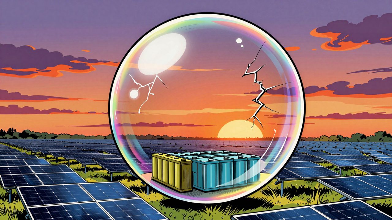 Ilustración de una burbuja con placas solares y baterías a punto de reventar sobre un parque solar